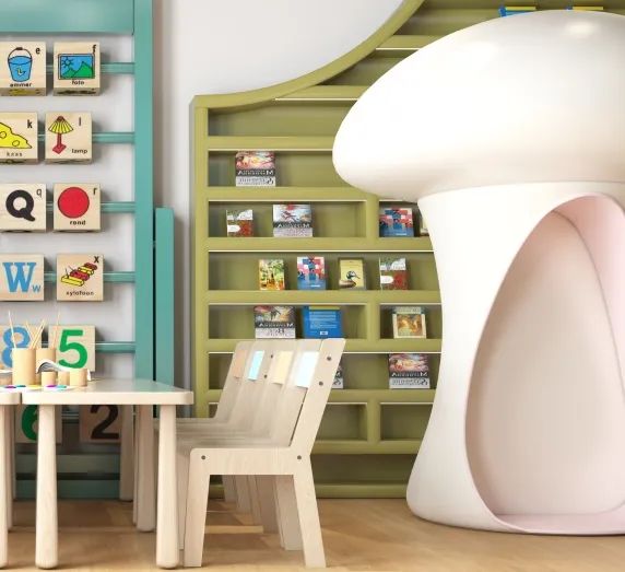 小藍(lán)鯨石晶地板、石晶墻板幼兒園裝修效果圖案例